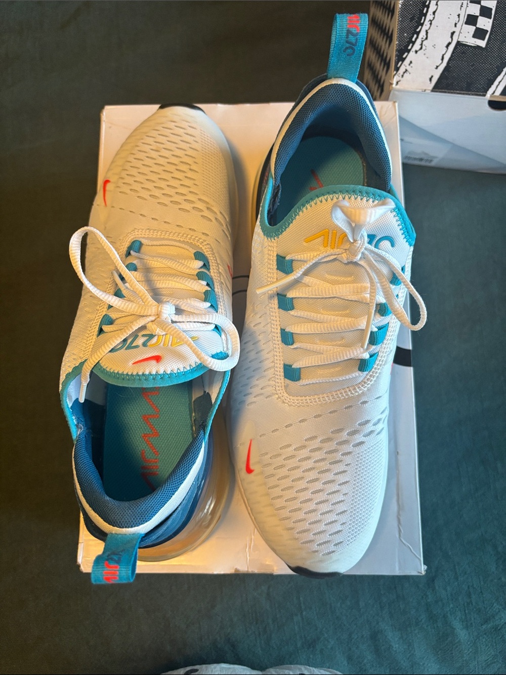 Mens White and Blue Athletic Sneakers with Coral Accents